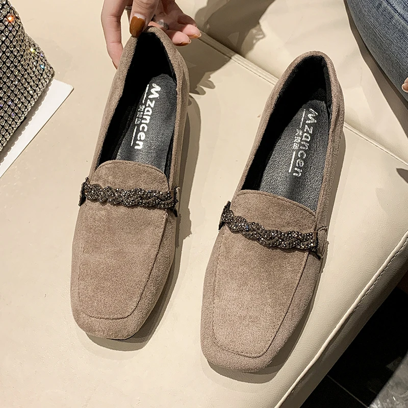 Otoño Invierno, mocasines para mujer, zapatos náuticos de tacón bajo, zapatos de vestir con punta cuadrada, zapatos de tacón bajo con cadena de gamuza sintética para mujer