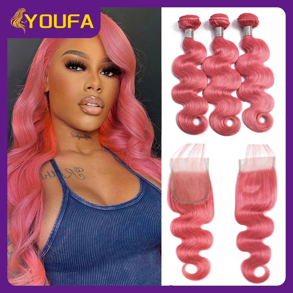 

Light Pink Body Wave Human Hair Bundles With Closure Pre Plucked Brazilian Human Hair Weave Bundles With 4x4 Swiss Lace Closures