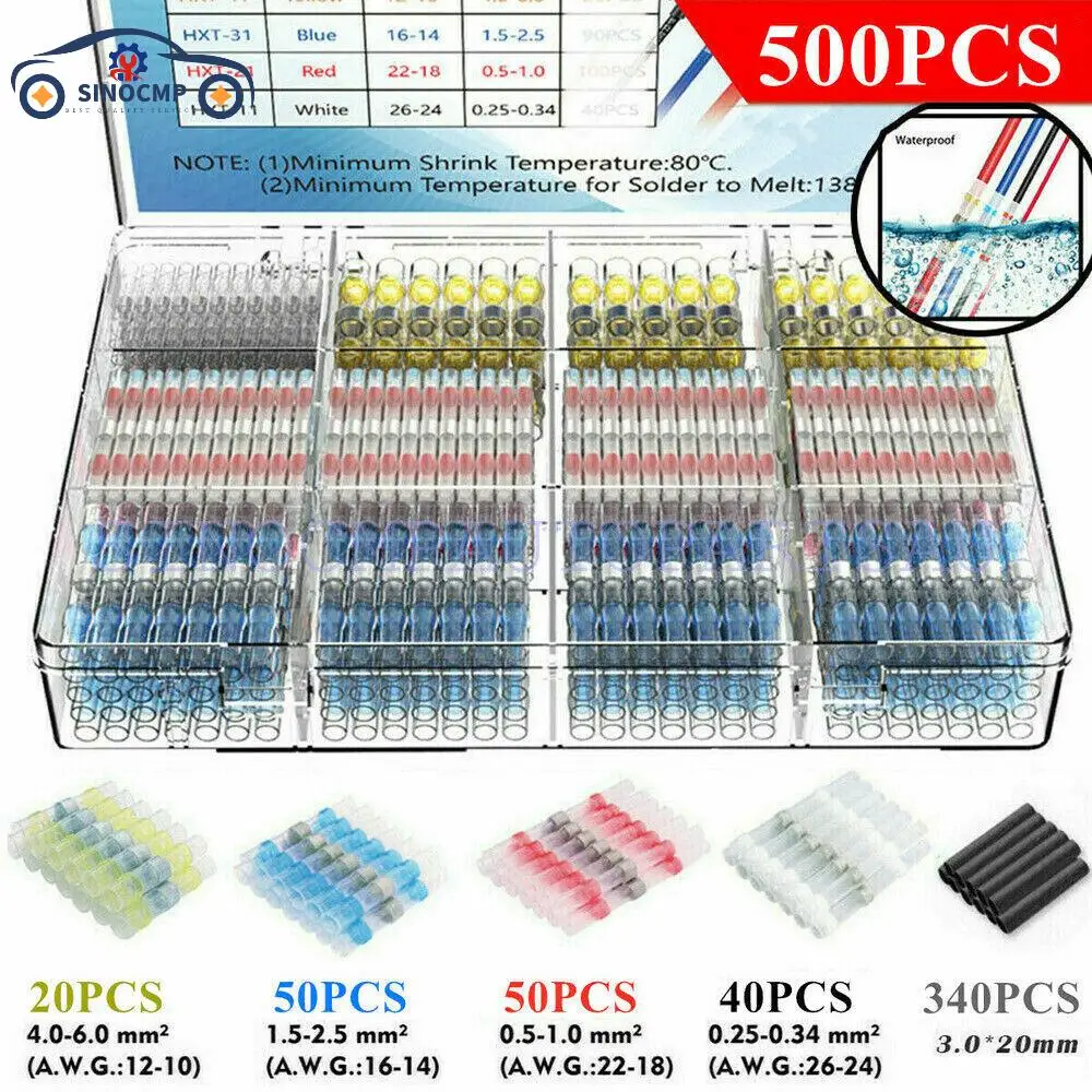 500PCS Waterproof Heat Shrink Butt Wire Connectors Tinned Copper Solder Seal Wire Terminals Thermal Shrinkage Sleeve Splice