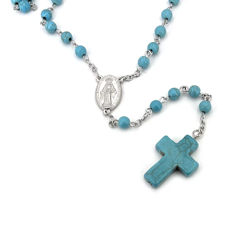 Rosario cattolico in pietra Vintage blu per donna uomo collana con ciondolo croce cristo lungo