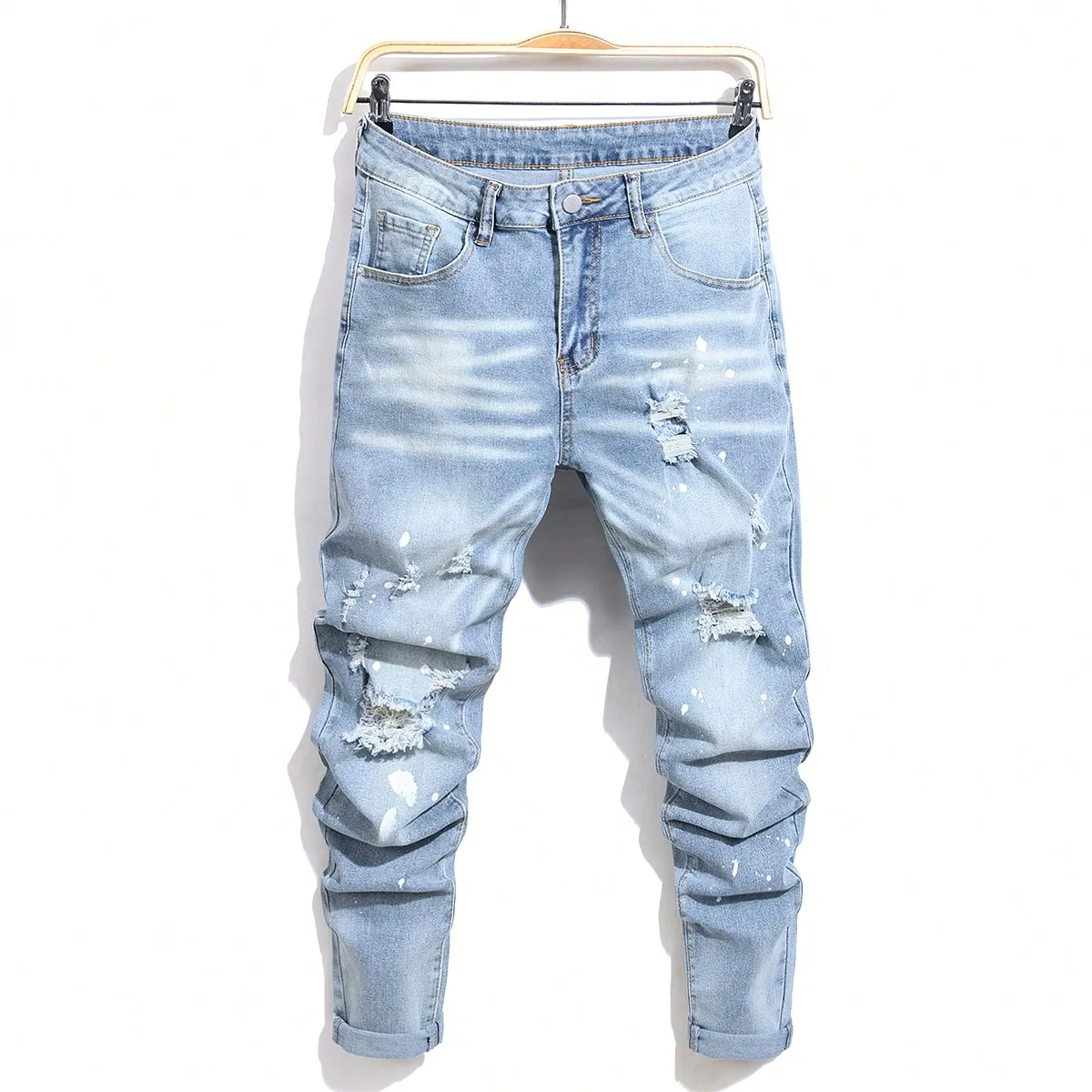 High Stretch Man Ripped Distressed Denim Jeans For Men Washed Splash Ink Slim Fit Denim Pants Streetwear Hip Hop Casual Trousers