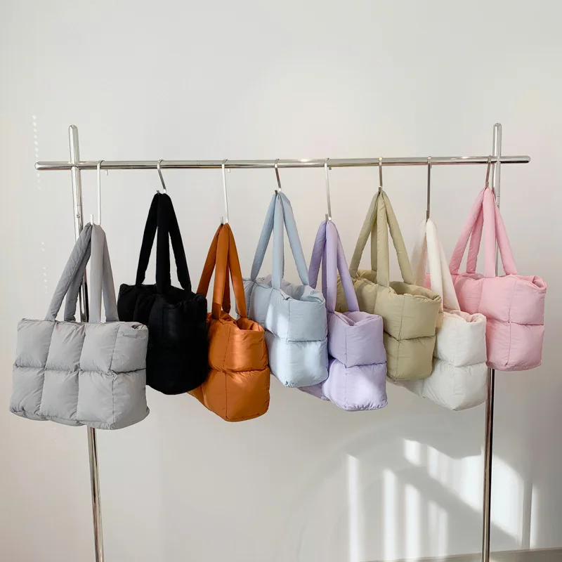 Puffer Tote Bag Women Nylon Quilted Soft Padded Winter Jacket Style Handbag Large Shoulder Tote Street Trendy