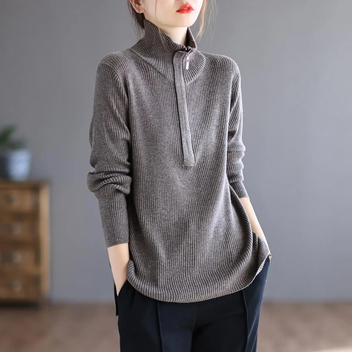 Autumn Winter Women Casual Zipper Turtleneck Solid Sweater Korean Fashion Vintage Loose Basic Long Sleeve Knitted Pullover Tops