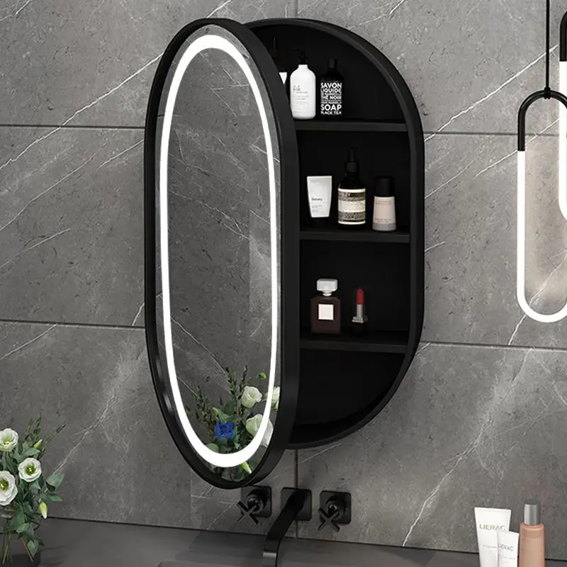 Wall-mounted solid wood oval LED smart bathroom mirror storage box cabinet bathroom toilet wall-mounted round mirror with light