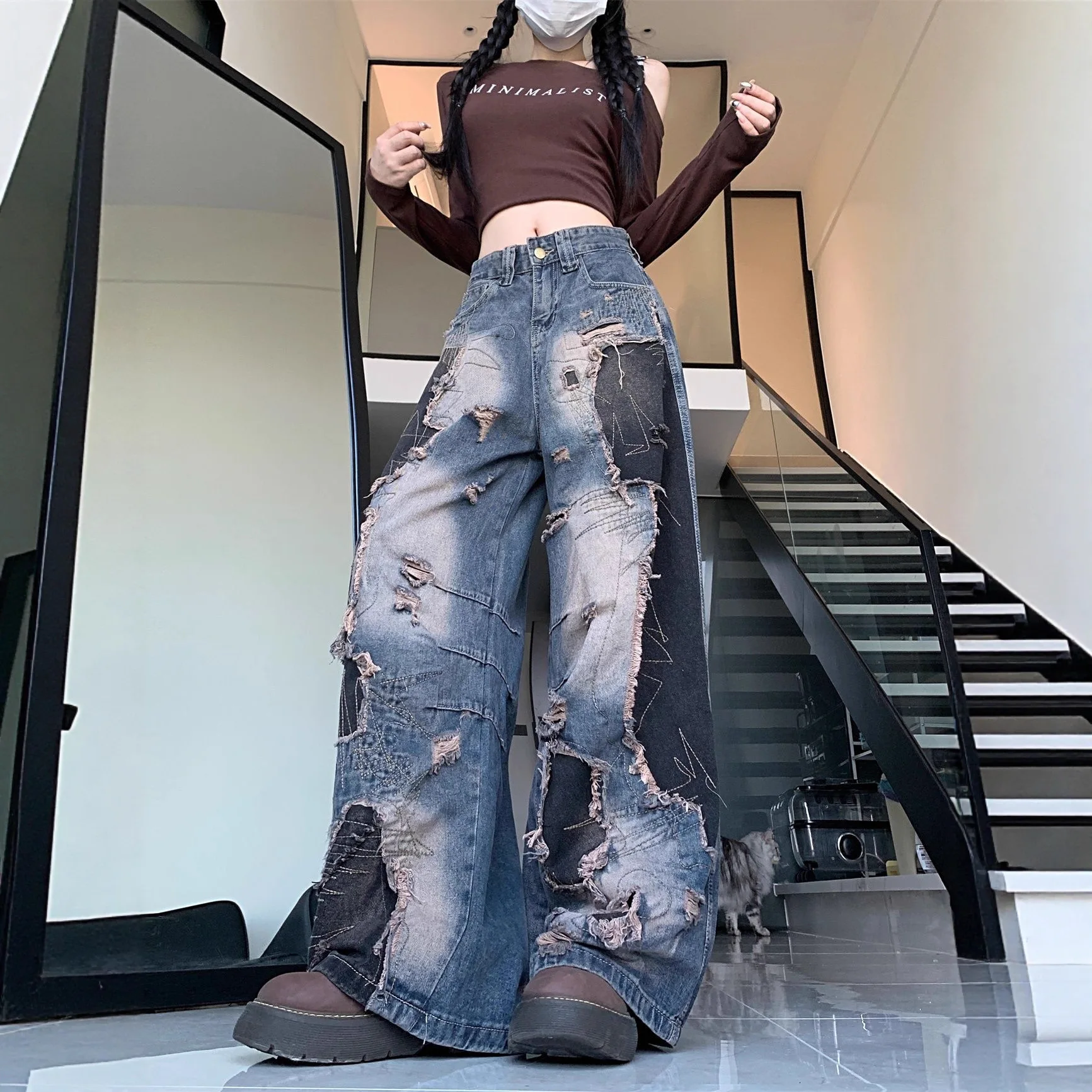 High Waist Jeans Women Patchwork Denim Pants Ripped Washed Wide Leg Streetwear Punk Hip Hop Style Trousers Ladies