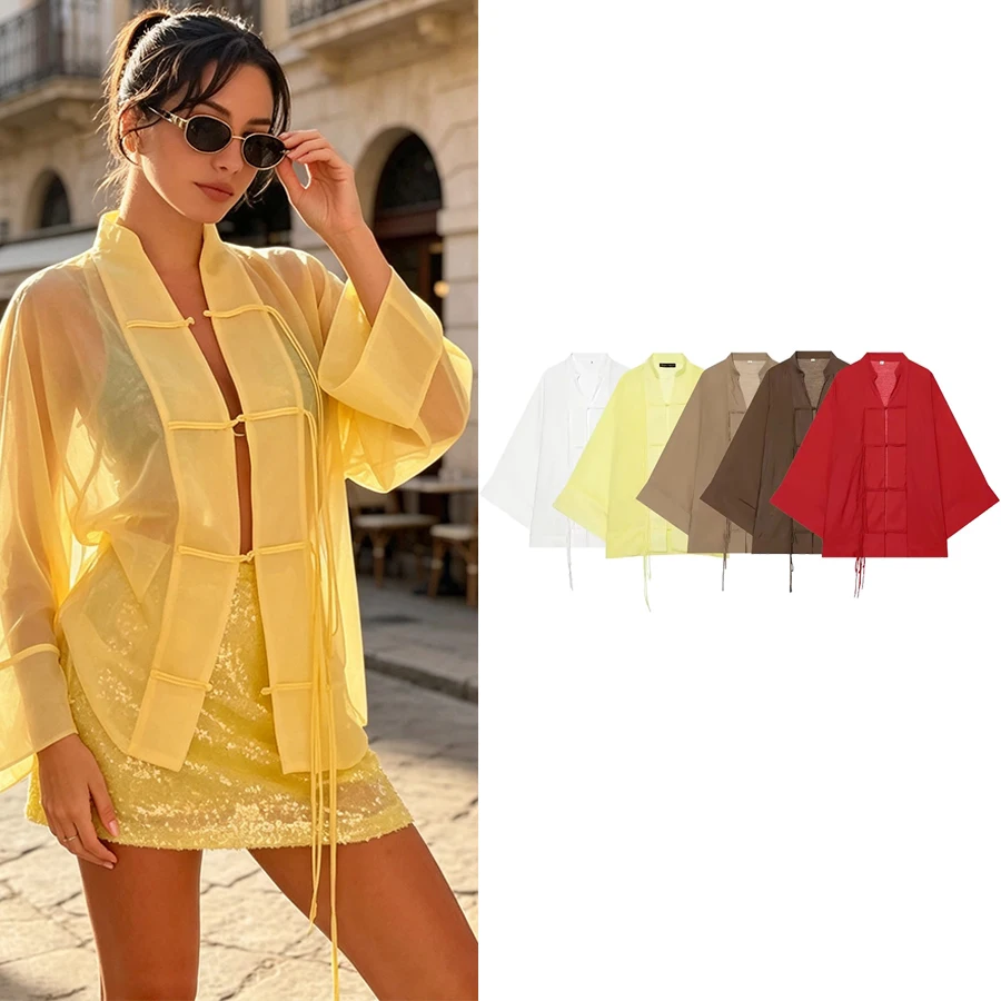 Women Elegant Chic See-through Loose Shirt Women Summer High Street Holiday Knotted Button Shirt 2026 Casual Chic Lady Shirt