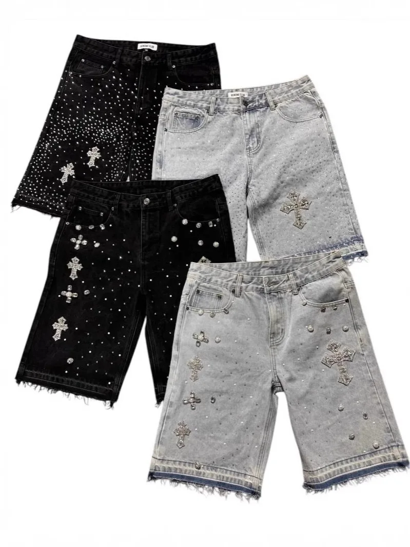 

Cross-Border Hip Hop Straight Leg Rhinestone Five-Point Men's Denim orts High Street Design Loose Fit Trendy Jeans