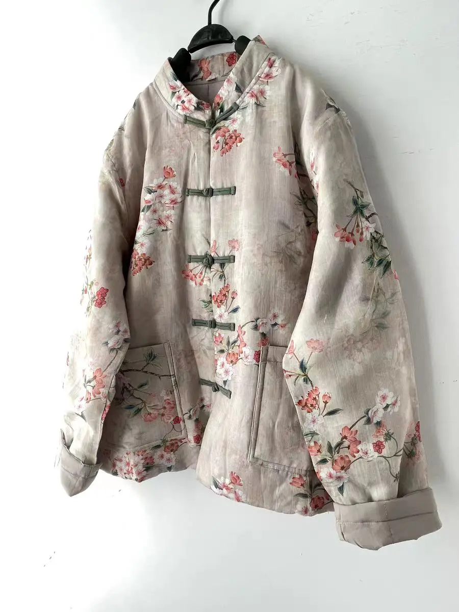 Retro Chinese Style Thickened Stand Collar Printed Cotton Jacket Women's Winter Coat with Buttons Long Sleeve Floral Design