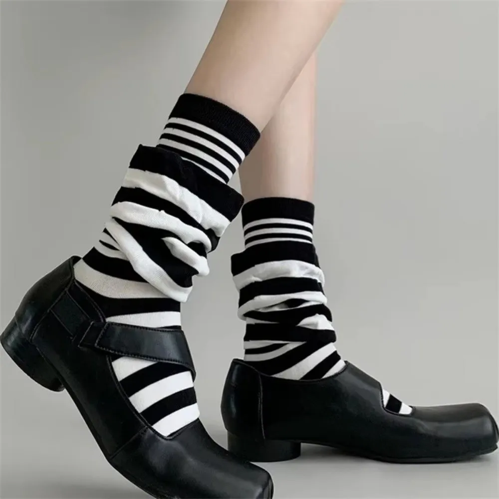 

4Pairs Fashion Fake Two Piece Ruffle Stripe Stocking Loose Warm Women's Leg Warmers Soft Elastic Mid-tube Socks Student