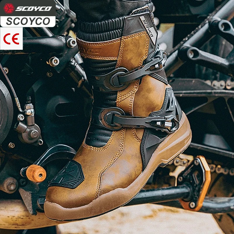 

SCOYCO Motorcyclist Shoes TPU Leather Anti-slip Motorcycle Protective Boots Men Waterproof Enduro Motocross Rally High Top Boots