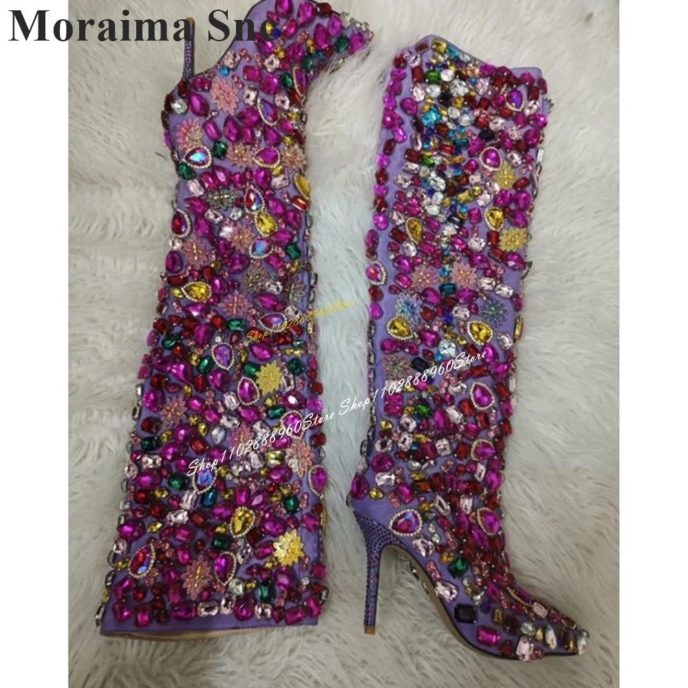 

Knee High Rose Red Colorful Crystals Pointy Boots Stilettos High Heel Women Shoes Side Zipper Pointed Toe Luxury Women Boots