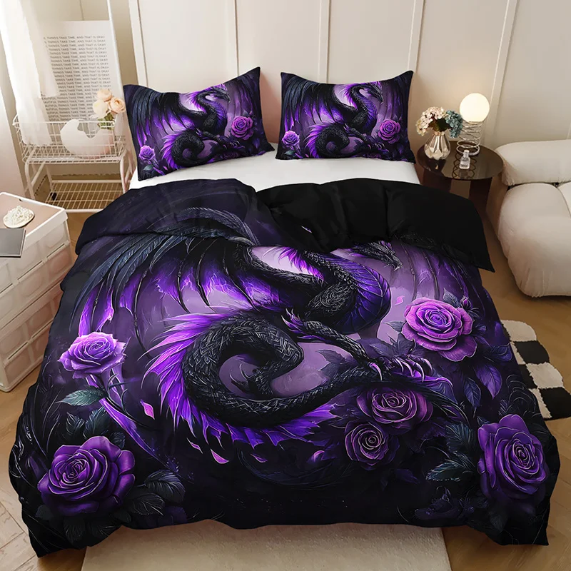 Immagine 6: Set di Biancheria da Letto con Drago Viola Scuro e Rosa, Stampa ad Alta Definizione, Stile Gotico Misterioso e Romantico per Camera da Letto
