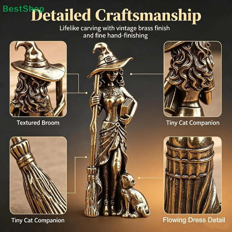 〔Q〕2PCS/Set Brass Magic Witch Figurines Miniatures Desktop Ornaments Retro Metal Statue Home Decor Crafts Accessories