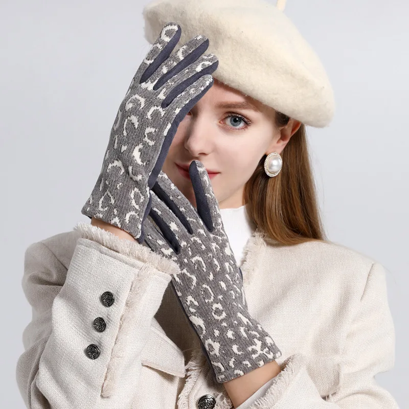 Fashion Winter Plus Velvet Thick Leopard Print Touch Screen Driving Gloves Women Outdoor Full Finger Suede Leather Warm Mittens