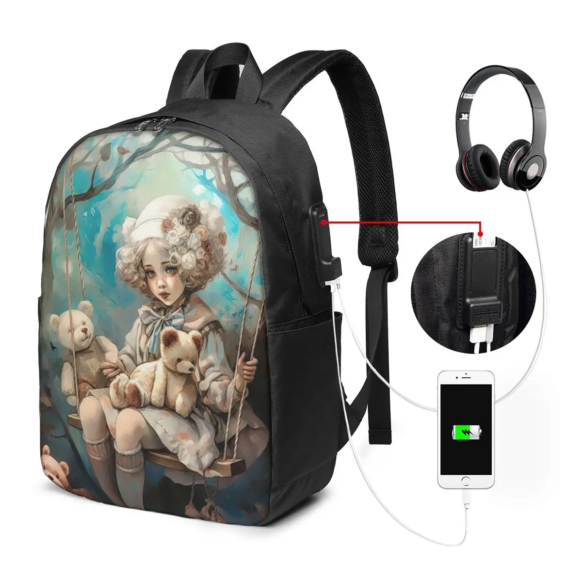 Cartoon Gothic Girl And A Bear Doll Backpack Travel Notebook Bag Computer College Student School Bag Laptop Shoulder Bags
