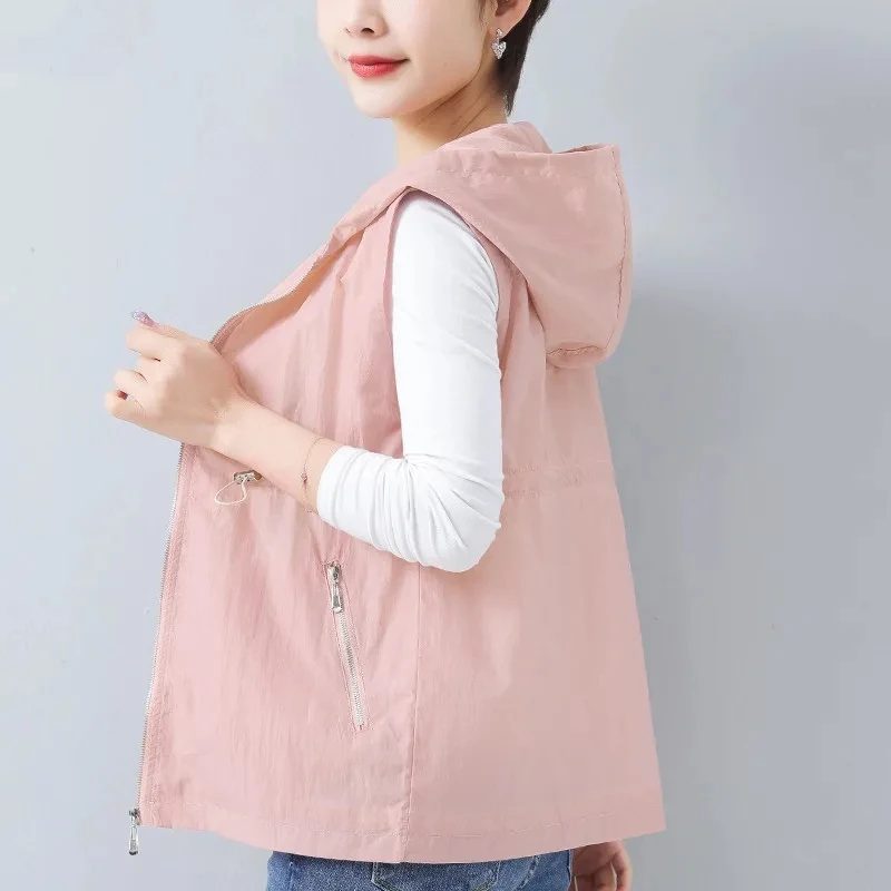 Frühling Sommer Frauen Casual Mit Kapuze Weste Mantel Ärmellose Jacke Feste Dünne Kurze Weste Weibliche Oberbekleidung frauen Kleidung