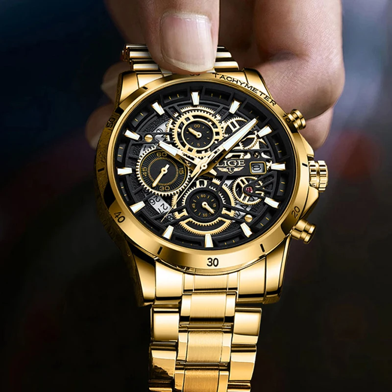 LIGE Fashion Gold Watch Men Military Sport Quartz Mens Watches Top Brand Luxury Full Steel Waterproof Chronograph Reloj Hombre