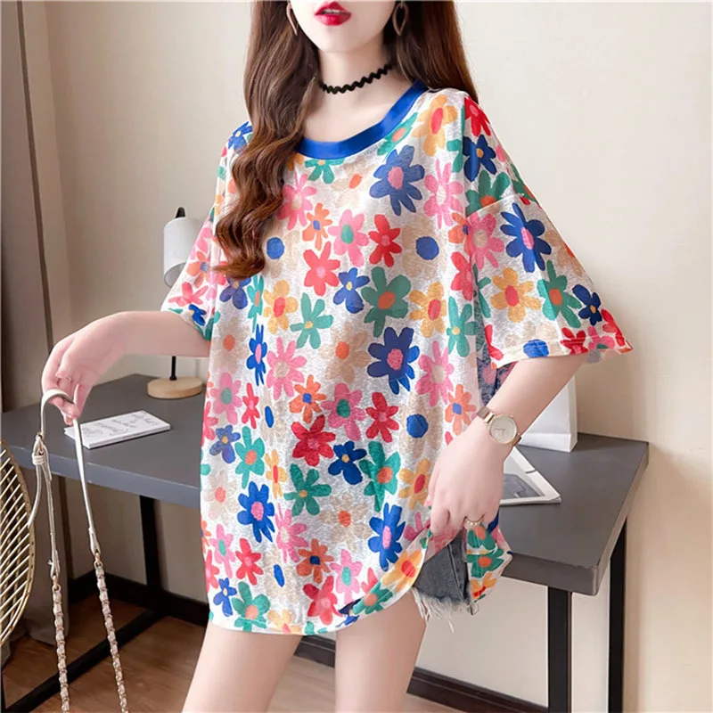 Nuova moda estate Casual semplice allentato girocollo stampa oversize sottile contrasto colore Versatile t-shirt a maniche corte 2