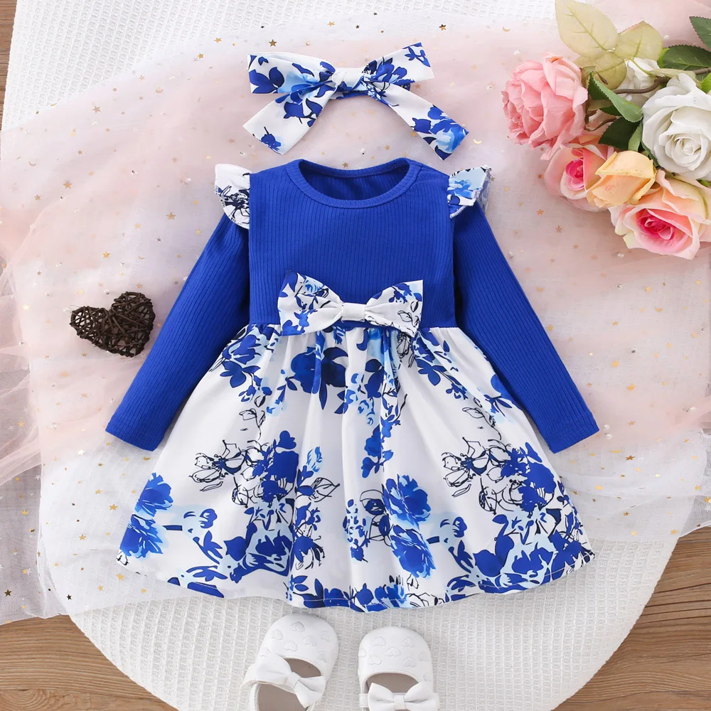 Baby Girl Dress Spring And Autumn Long Sleeves Bow Flower Pattern Blue Girls Dresses Sweet And Comfortable Baby Clothing