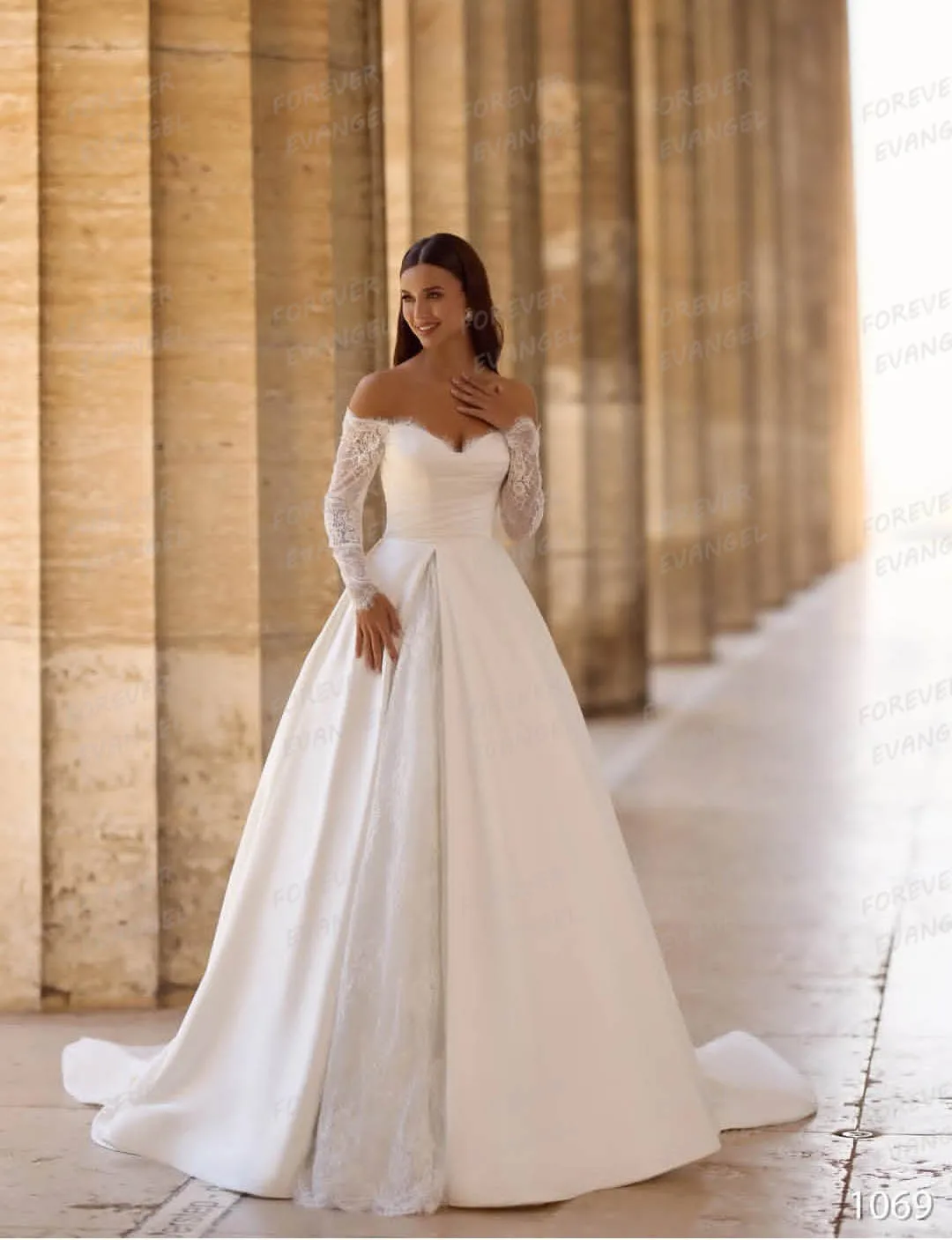 

Simple A Line Wedding Dresses Sexy Lace Off Shoulder Woman's Bride Gowns Long Sleeve Sweep Train Vestidos De Noche Customized