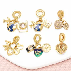 OCESRIO Enamel Heart Earth Camera Pendant for Necklaces Copper Gold Plated CZ Heart Lock Travel Jewelry Making Component pdtb747