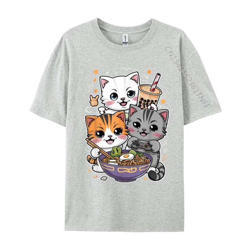 Boba Tea Bubble Tea Gaming Gamer Ramen Cat FunnyNormal Tops Shirts Coupons Pure Cotton Tee-Shirts Men T Shirt Casual