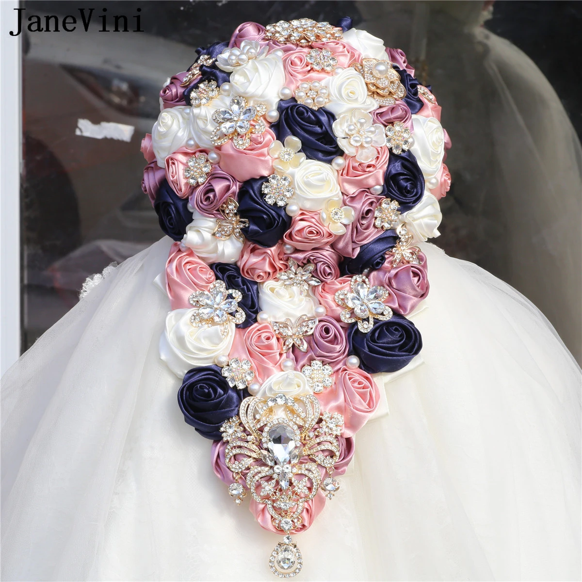 JaneVini Luxury Diamond Waterfall Wedding Bouquet for Bride Crystal Pearl Cascading Flower Bridal Bouquet Artificielle Mariage