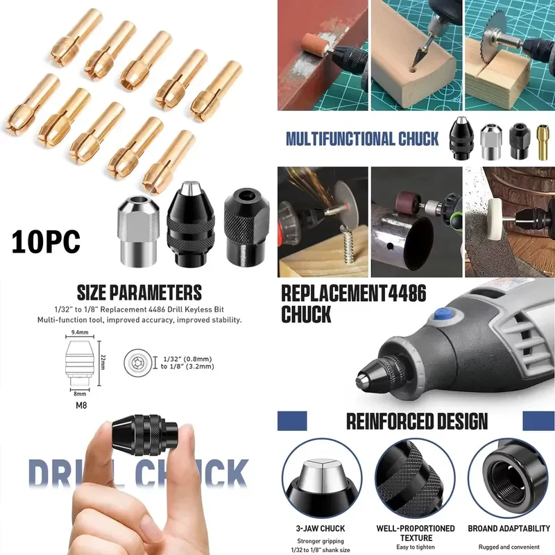10PC Electro Grinding Copper Collet Set 0.5-3.2mm Range 4-Petal Copper Collets with Locking Mother Collet for Dremel Mini