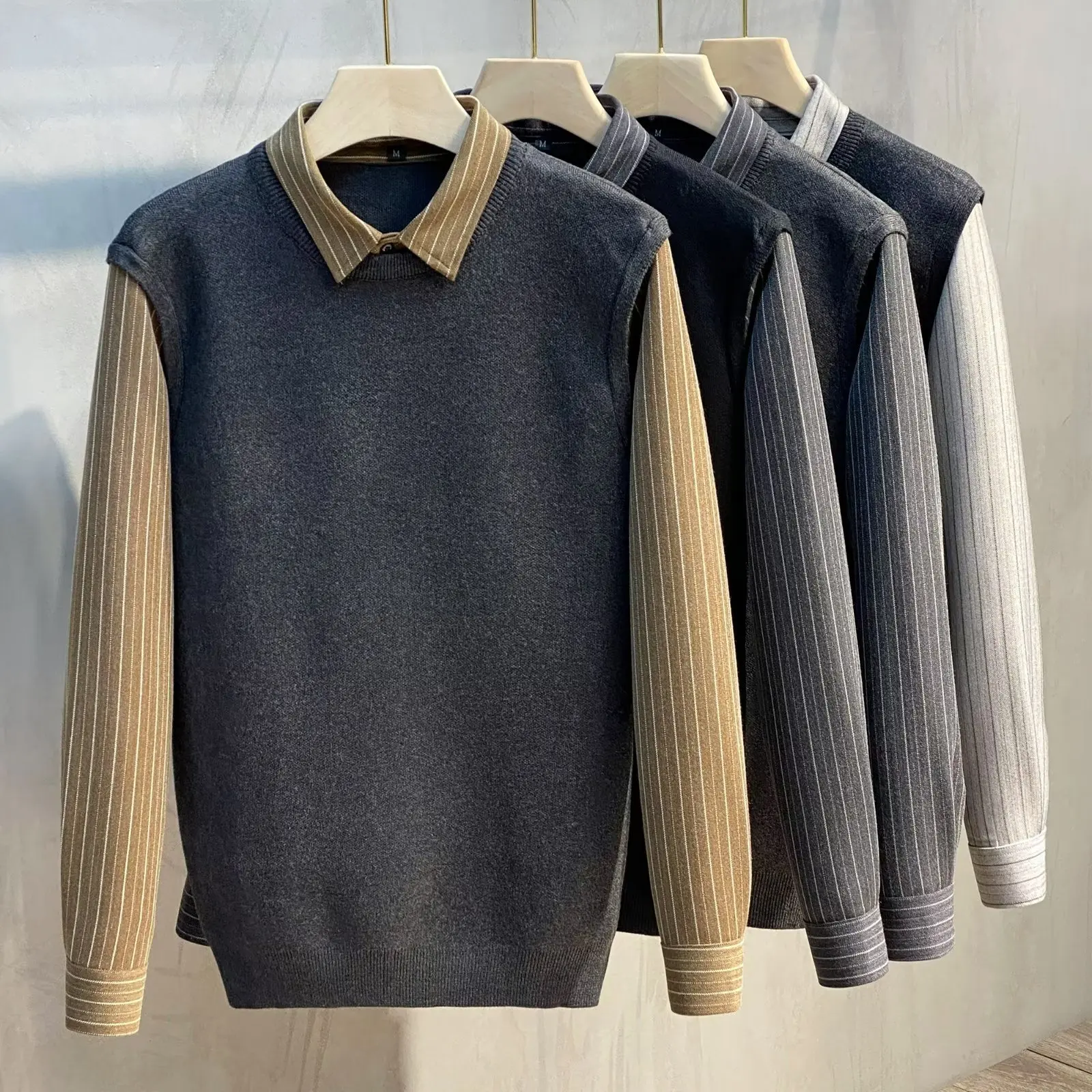 Men's Fake Two-piece Shirt Spring Autumn Knitted Splicing Striped Shirts American Fashion Casual Male Commuting Slim Blouse