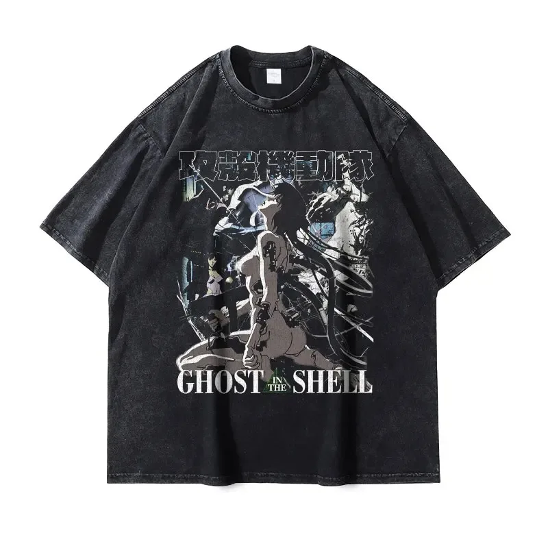 

Ghost in The Shell Graphic Washed T-shirt Women Men Oversized Street Y2k Short Sleeve High Quality Cotton Female Male Clothing
