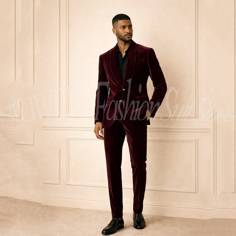 

Stunning Velvet Men's Suits 2 Pieces Wedding Groom Best Man Outfit Daily Formal Shawl Lapel Suit Set For Men Office Business