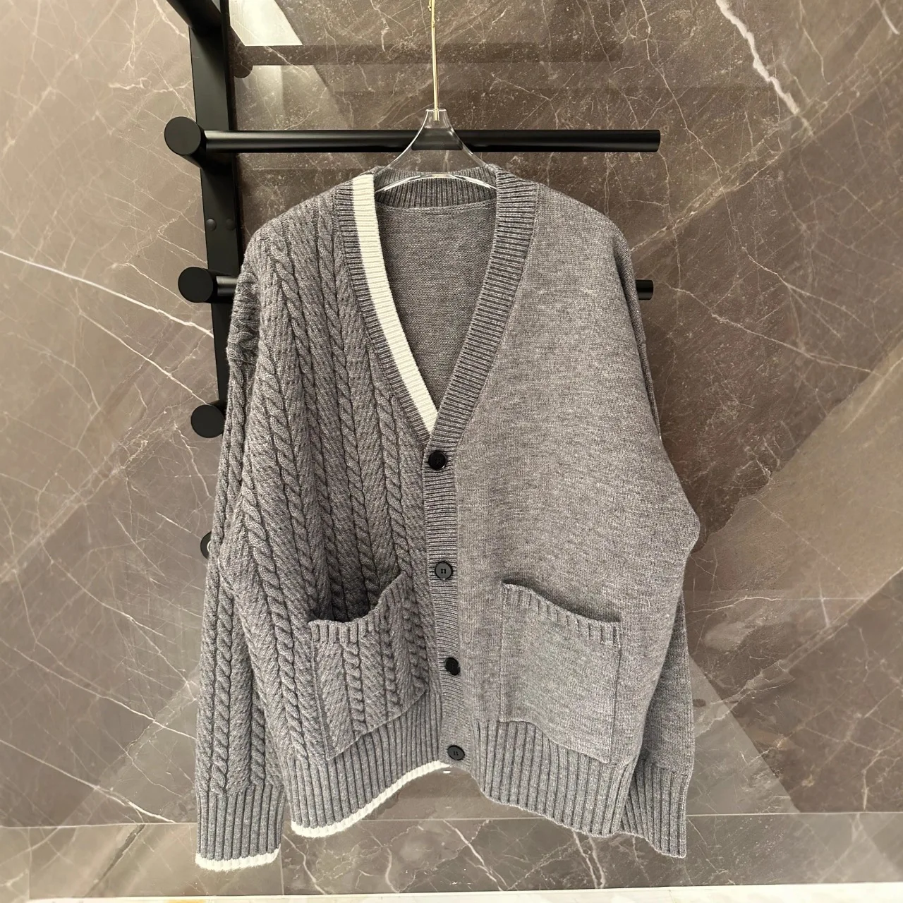 

2025 Fall Winter New Lazy Fit Cardigan Women Double Patchwork Color Block Loose Knit Top