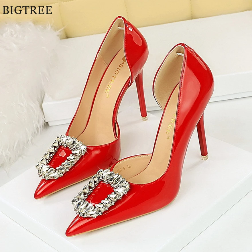 BIGTREE Fashion Crystal Hollow Wedding Shoes Autumn Women Pointy Toe Patent Leather High Heels Red Black Ladies Party Pumps 2024