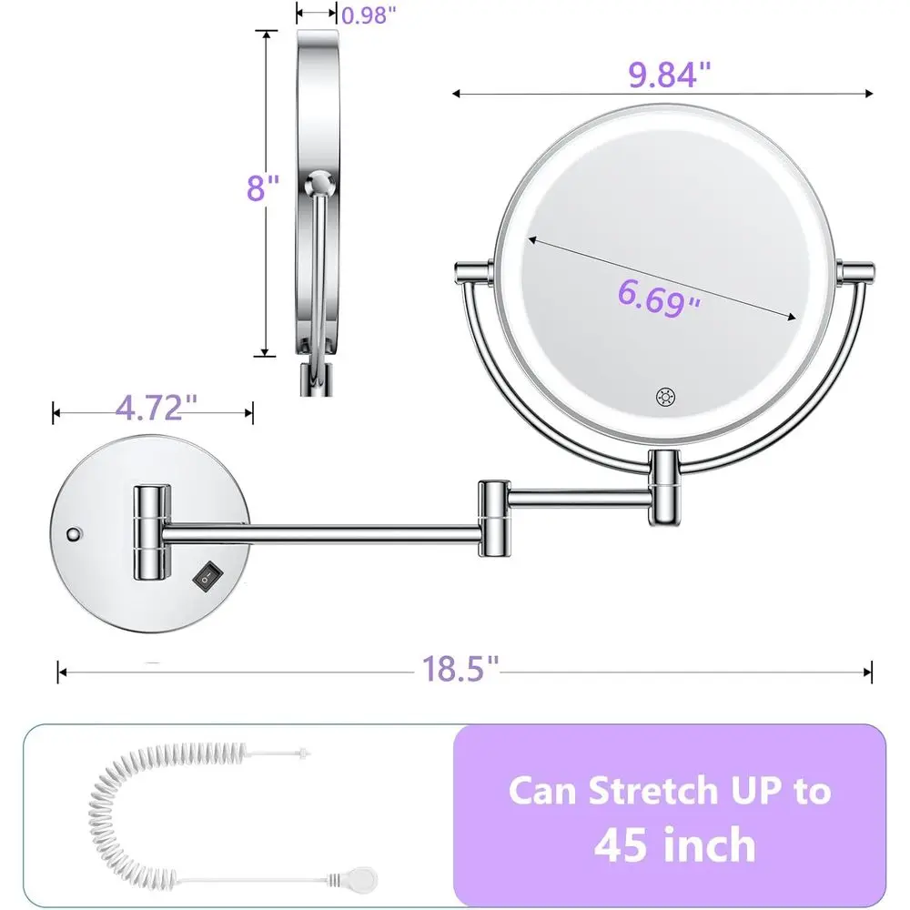 Beleuchteter Kosmetikspiegel mit 30-facher/1-facher Vergrößerung, 3 Farbmodi, dimmbar, 360° °   Dreharm für Badezimmer und Pflege