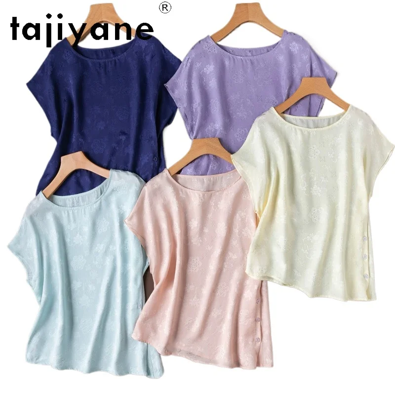 TAJIYANE 100% Mulberry Silk Women T Shirts Multicolored Loose T Shirt Jacquard Side Buttons Summer Tops for Woman Clothing 2026