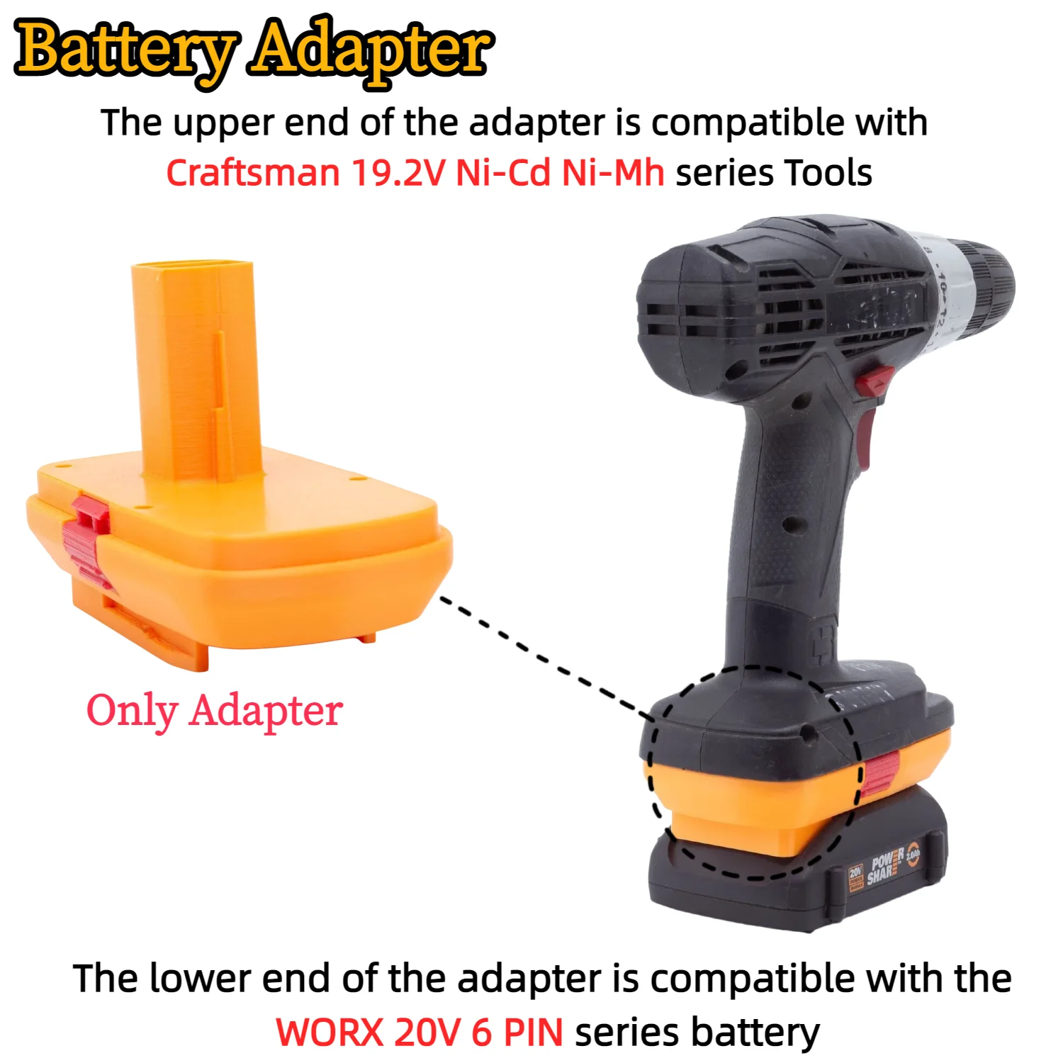 

Battery Adapter/Converter for WORX 20V 6 PIN Li-ion Battery TO Craftsman 19.2V Ni-Cd Ni-Mh Cordless Drill Tools(Only Adapter)