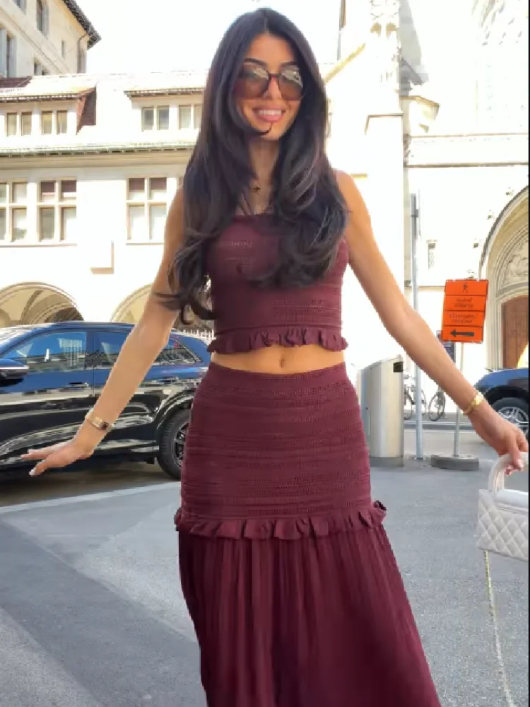 Ruched Knit Top And High Waist Long Skirt 2 Piece Set Ruffled Hollow Out Burgundy Outfit for Party Date Vacation Wedding Guest