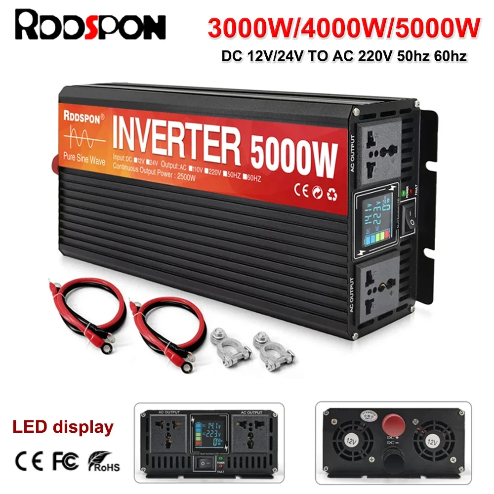 

RDDSPON 5000W 4000W 3000W Inverter Pure Sine Wave Double Socket LCD Display DC Converter Car Inverter 12V24V To AC 220V Voltage