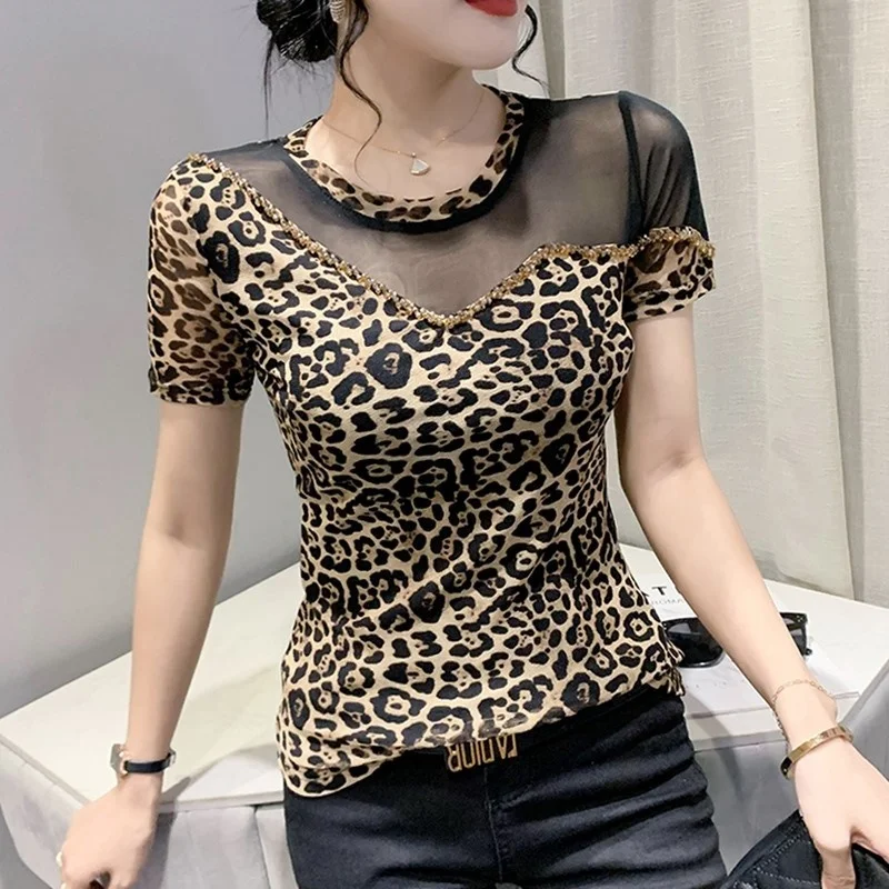 # 5239 Summer Leopard T Shirt Women Spliced Mesh Sexy Vintage Skinny T Shirt Female O-neck Diamonds Short Sleeve T-shirts Retro