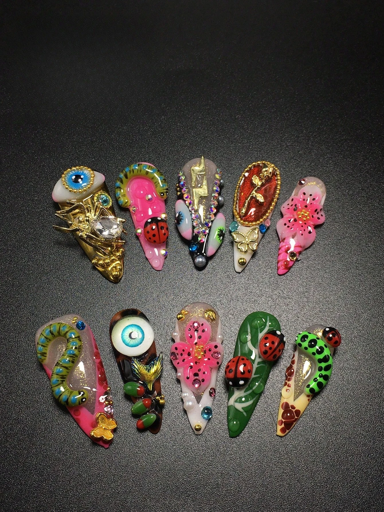 

Each Set Consists Of 10 Pieces Of Handmade Y2K Fine High-Heeled Acrylic Nail Plates, Designed In French Style With Rhinestones, Ladybugs, Caterpillars, And Petal Decorations, Available In Multiple Tones And Nude Colors. 3 Sizes To Fit, Suitable For Partie
