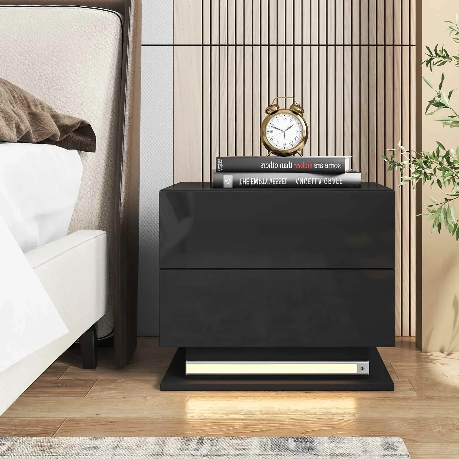 Auto Led Nightstand with High Gloss Drawer Led Bedside Ta with Metal Frame Night Stand Tabwith Magnetic Infrared Sensing