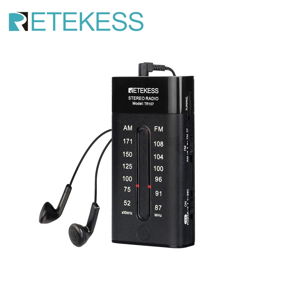 RETEKESS TR107 Portable Mini Pocket Radio FM AM Pointer Tuning Stereo Support BBS Mega Bass With Earphone For Walk Jogging Gym