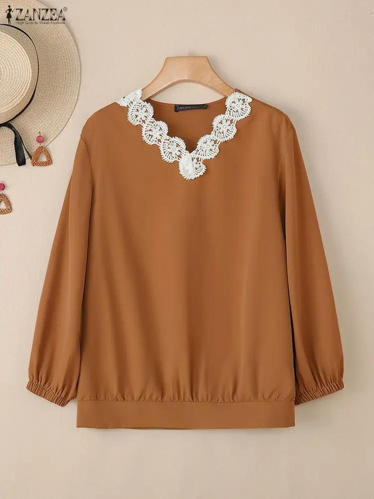 

ZANZEA Lace Patchwork V-Neck Blouses Women's Long Puff Sleeve Solid Color Loose Tops Fall 2025 New Fashion Woman Clothing S-3XL