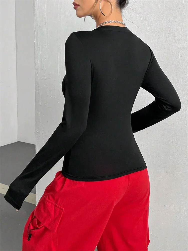 المرأة العنكبوت طباعة جولة الرقبة طويلة الأكمام المحاصيل المحملة الأعلى الخريف الشتاء الربيع Y2K الملابس سليم تي شيرت مجسم