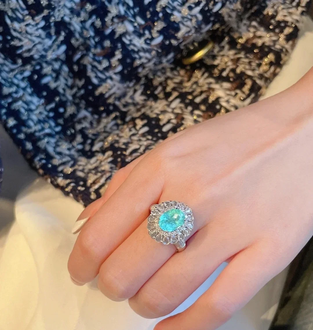 Luxurious Paraiba Hollow Flower Water Drop Pear-Shaped Oval Sapphire Full Diamond Couple Ring For Women Wedding Gift Jewelry
