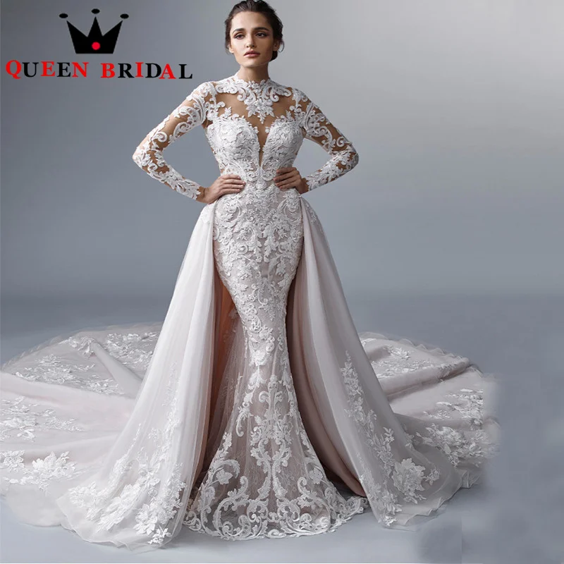 Long Sleeve Detachable Train Wedding Dresses 2023 New Exquisite Mermaid Floor Length Bridal Gowns Vestidos De Novia Custom D71C