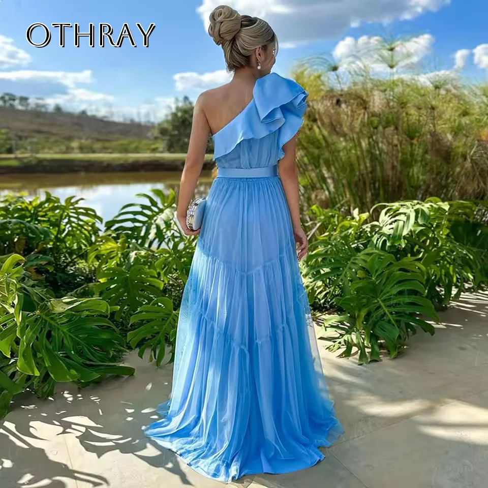 Lange Ruches Eén Schouder Tule Avondjurken Sjerp Mouwloos Formele Feestjurken voor Vrouwen فسات Mustaة Op maat