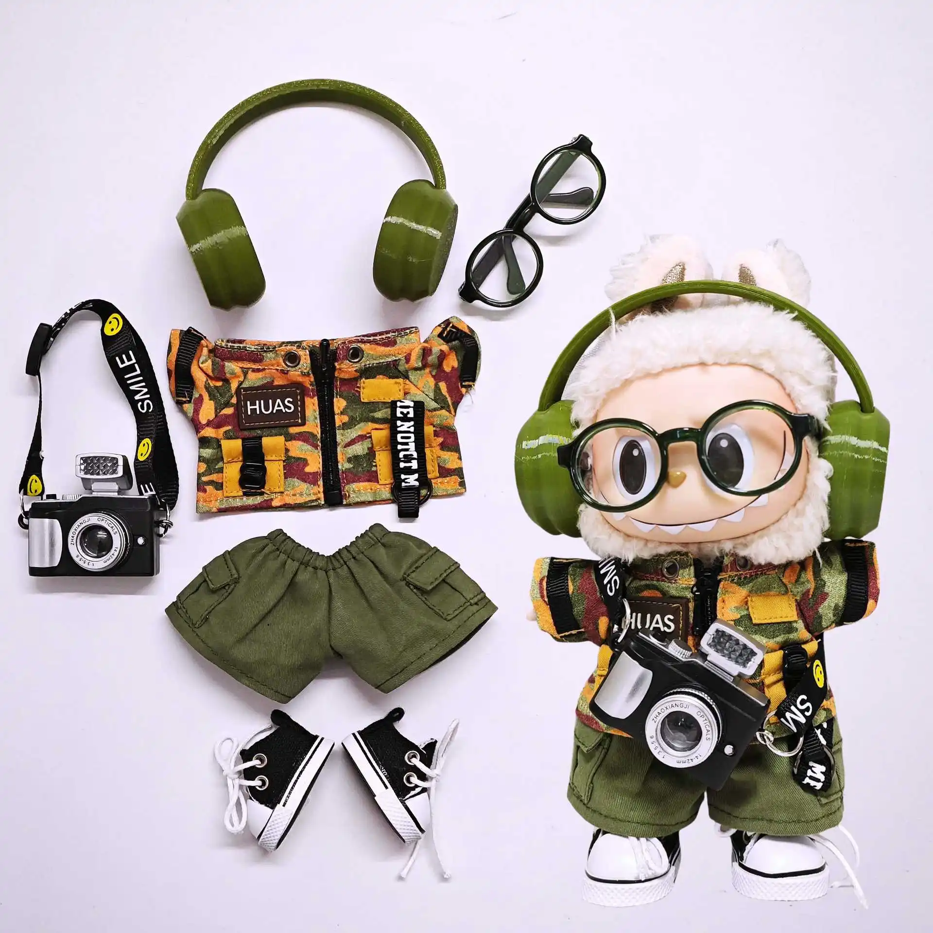 

V1/V2/V3 Labubu Doll 15cm/17cm Trendy Clothes Army Green Overall Kits With Accessories Shoes/Camera/Glasses/Earphones Decoration