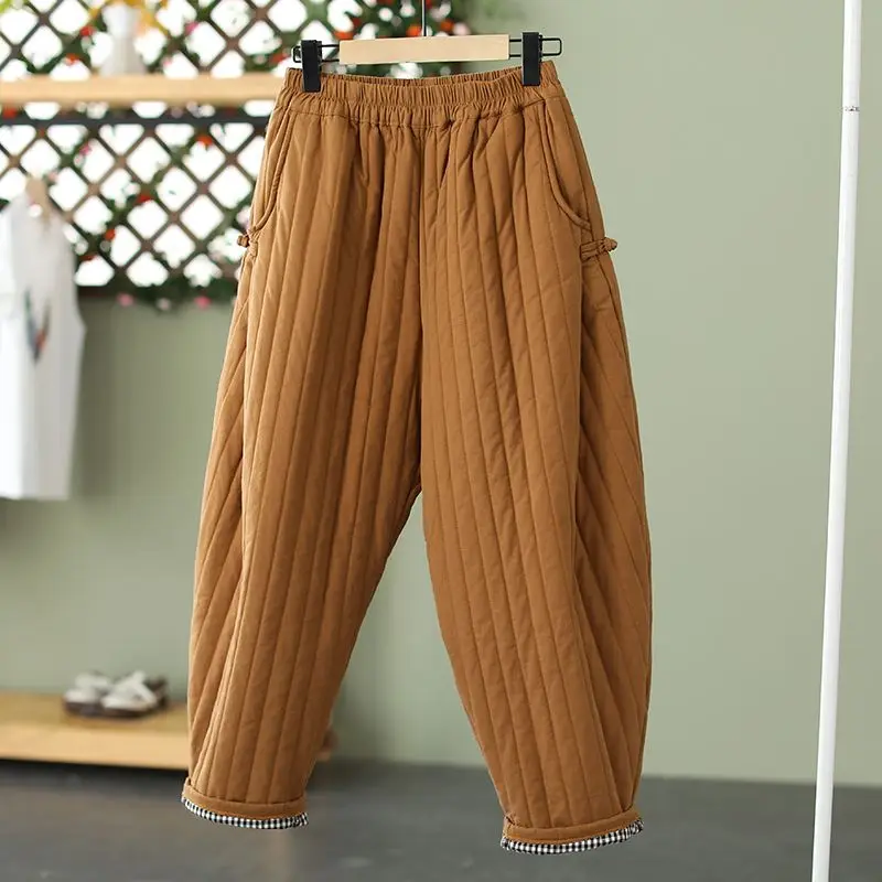 

Padded cotton pressing line pattern solid color warm pants women's clothing elastic waist disc buckle casual radish pants