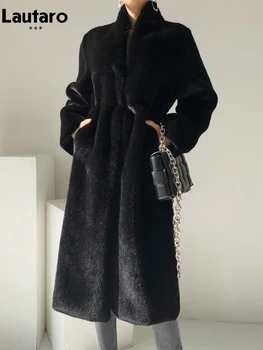 Image Lautaro Winter Long Black Luxury Elegant Stylish Thick Warm Fluffy Hairy Soft Faux Mink Fur Coat Women Stand Collar Sashes 2023